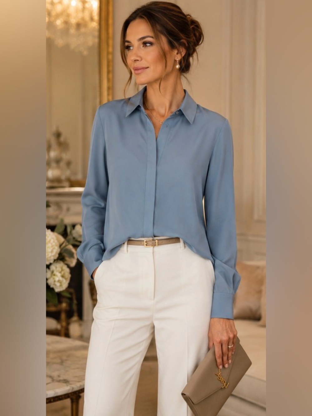 Vince 100% Silk Blue Button Down Blouse Size 8 Long Sleeve Quiet Luxury